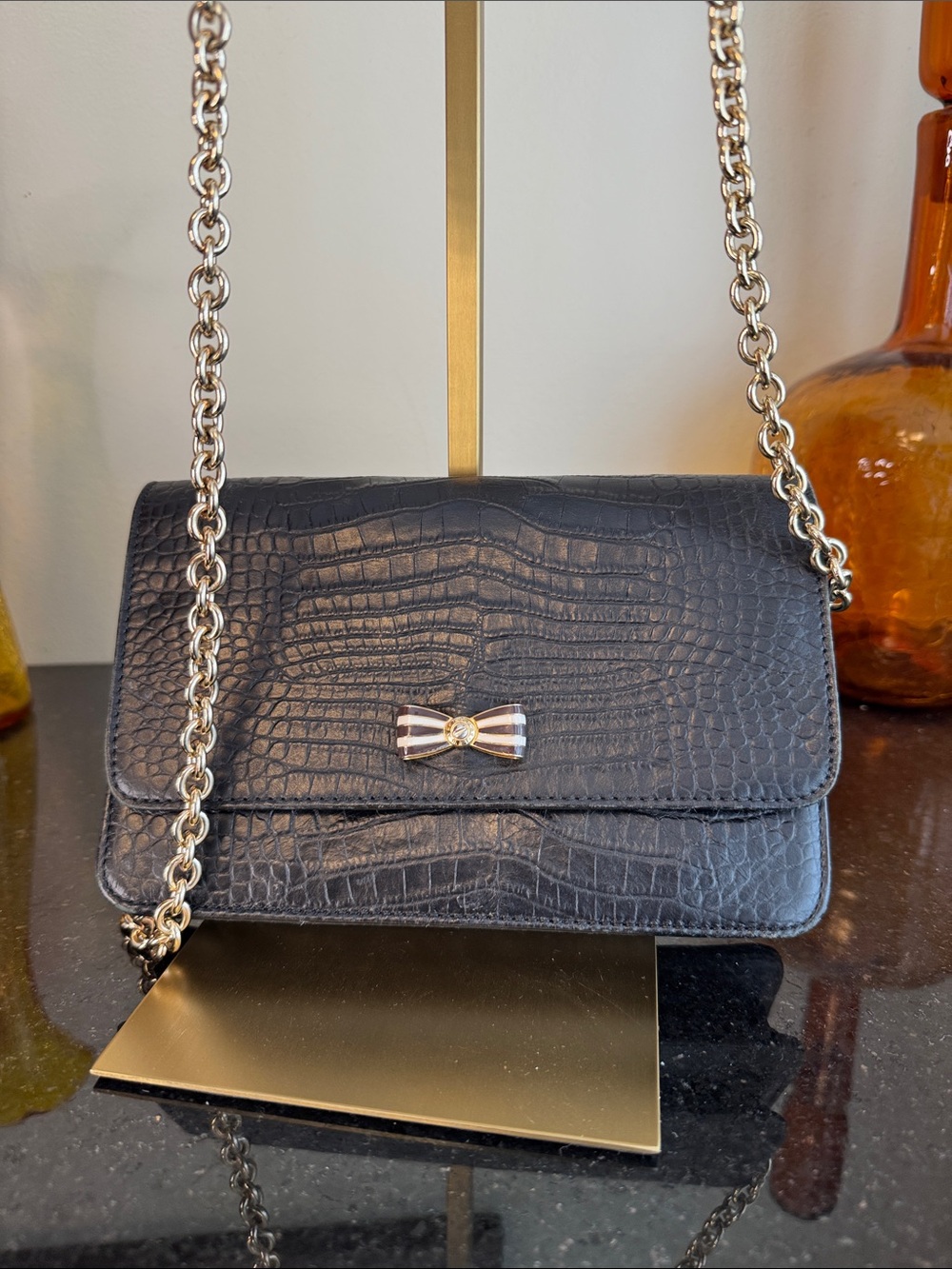 henri bendel Black Croc-Embossed Chain Crossbody with Gold Bow
